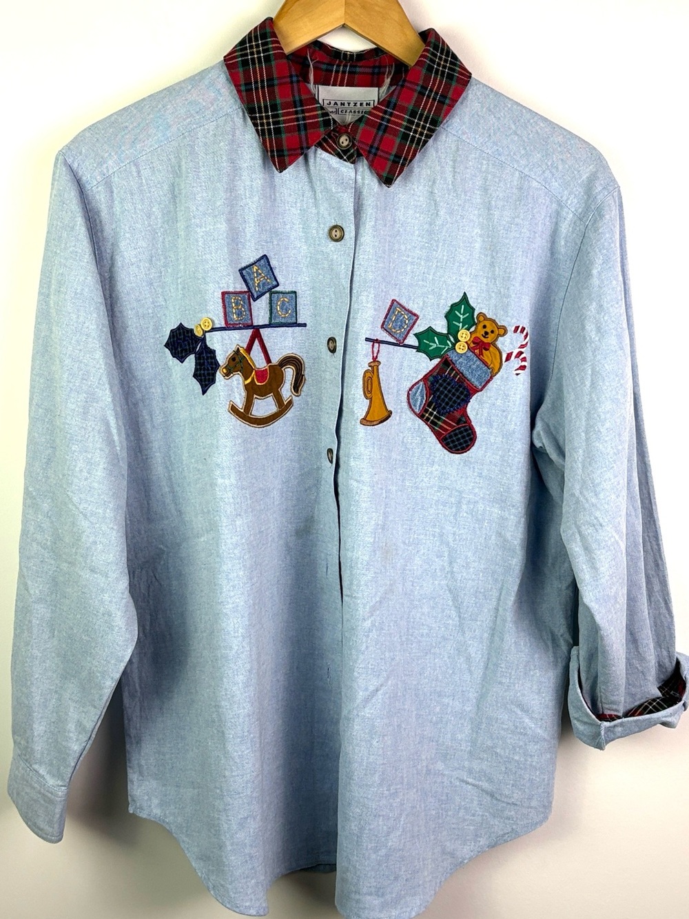Vintage Jantzen Light Blue Holiday Patch Shirt with Red Plaid Collar fits size L